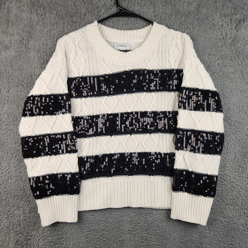 Evereve Sweater Women's Large Black White Striped Sequin Cable Knit Holiday Glam